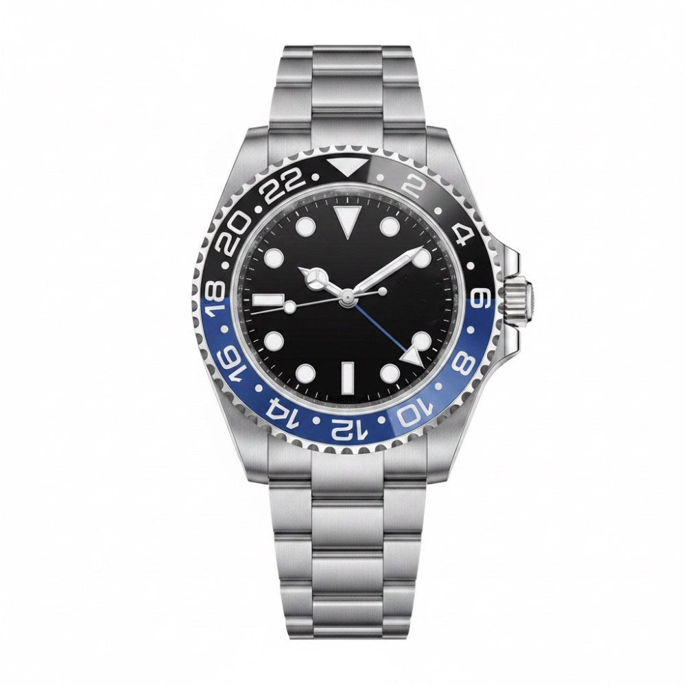 Steel GMT, two-tone black and blue 24-hour bezel, black dial with round markers, blue GMT hand, steel bracelet