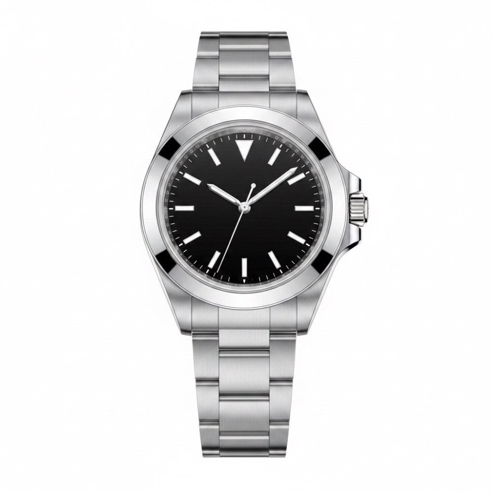 Classic three-hand, polished steel, smooth bezel, black dial with triangle at 12