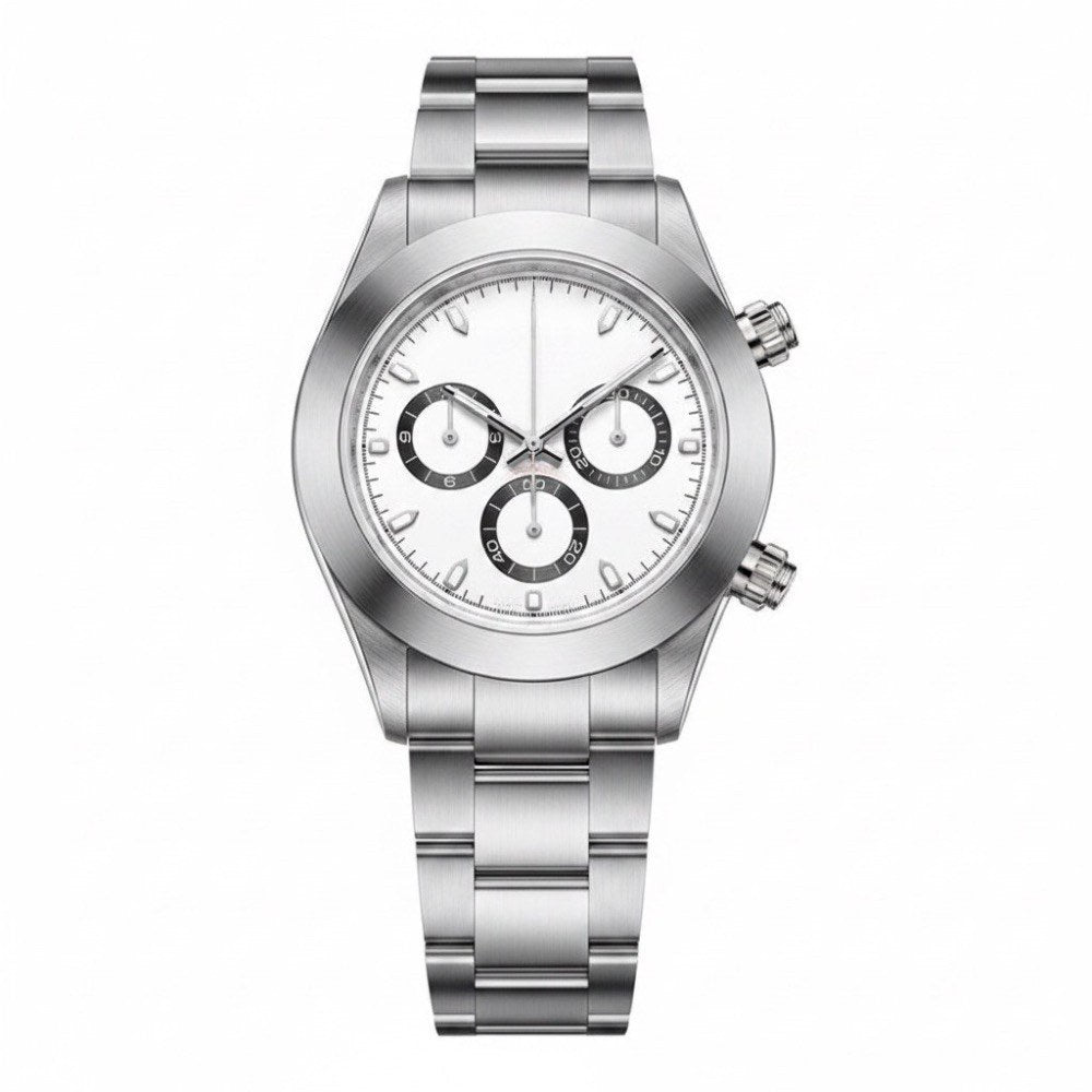 Chronograph, steel, white dial with three black-ringed sub-dials