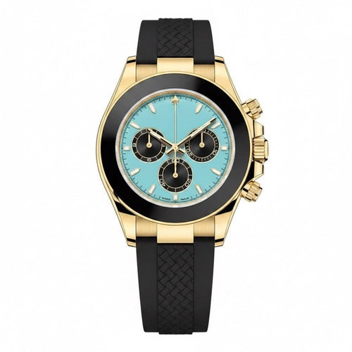 Chronograph, gold case, black bezel, turquoise dial with black sub-dials, black rubber strap