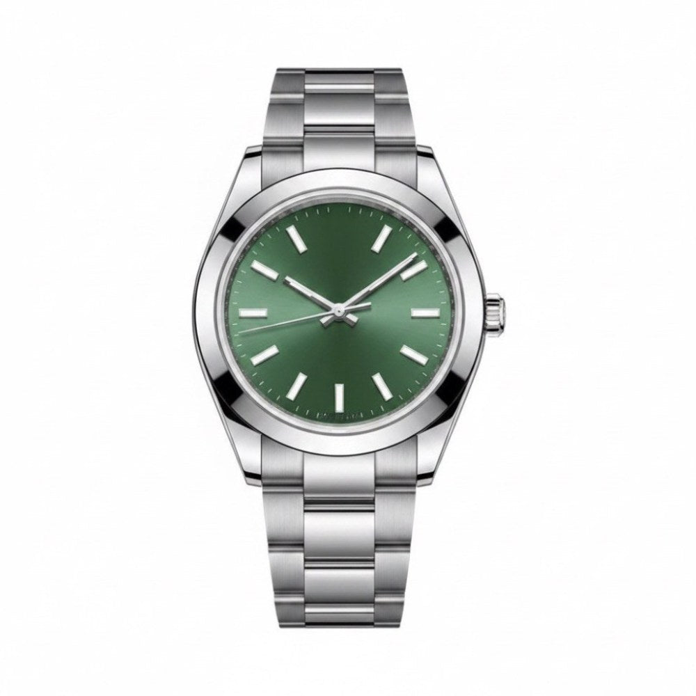 Classic three-hand, steel, green sunburst dial
