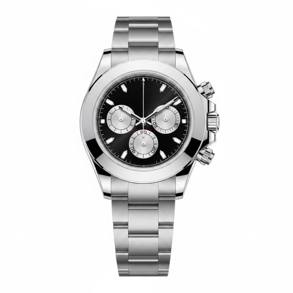 Chronograph, steel, black dial with three silver sub-dials