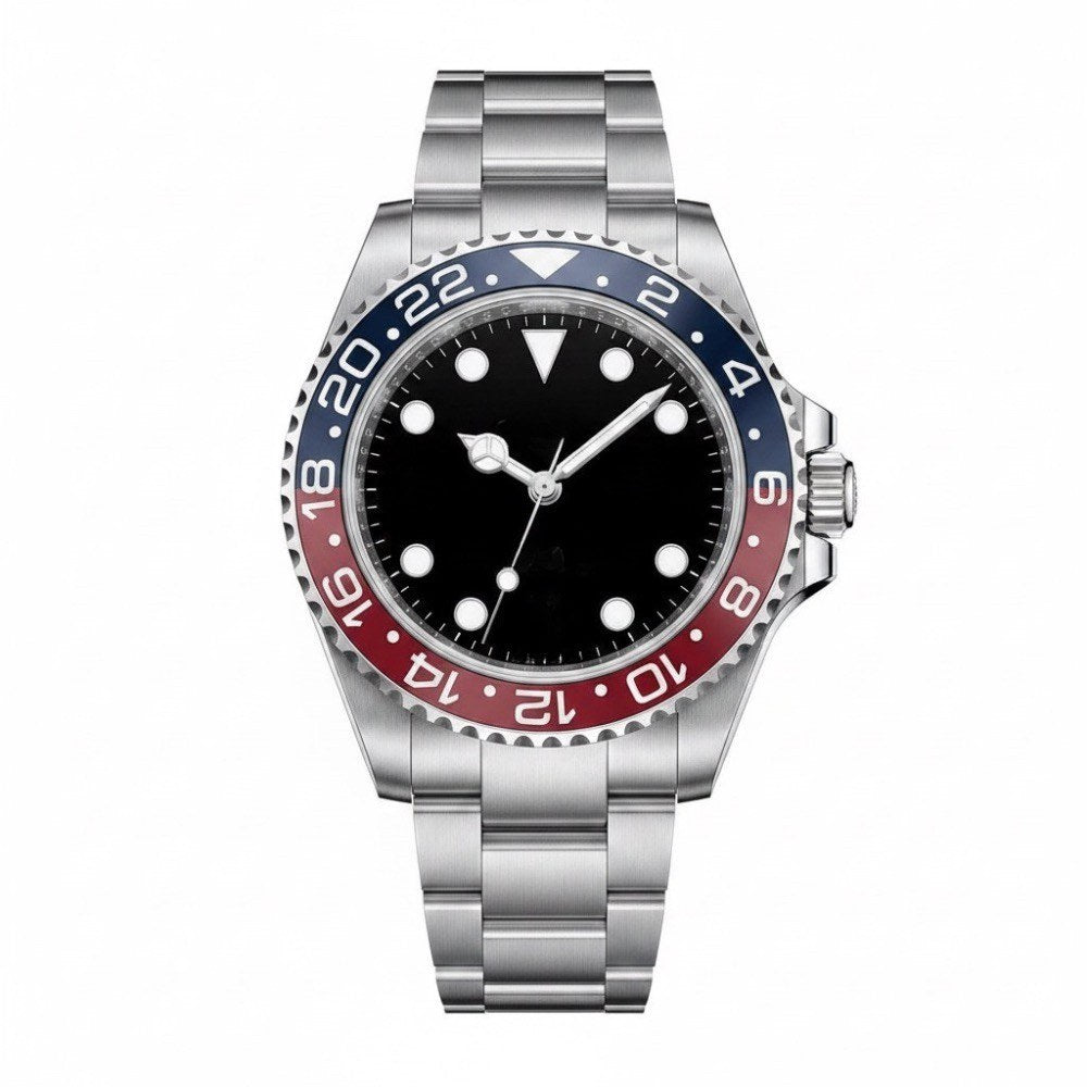 GMT, steel, two-tone blue and red 24-hour bezel, black dial