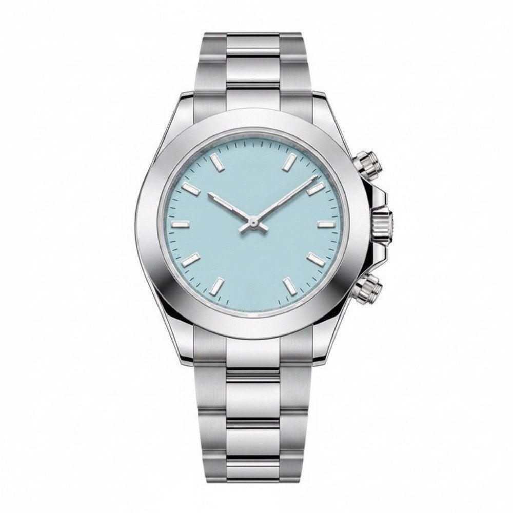 Steel, plain ice-blue dial, case with side pushers