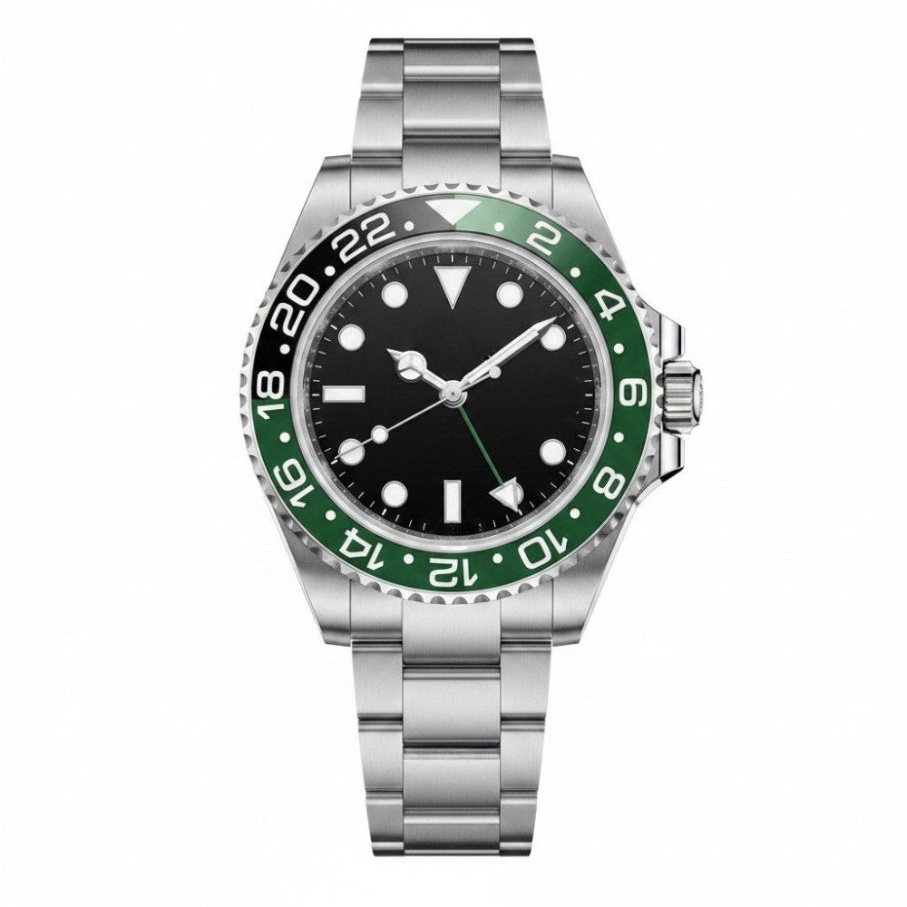 GMT, steel, two-tone green and black 24-hour bezel, green GMT hand