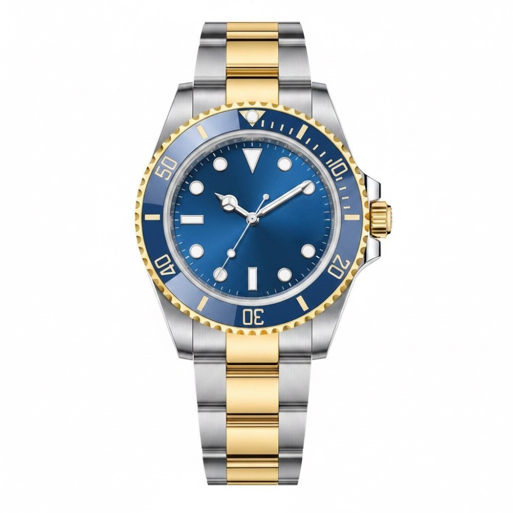 Two-tone steel and gold diver, blue 60-minute bezel, blue sunburst dial