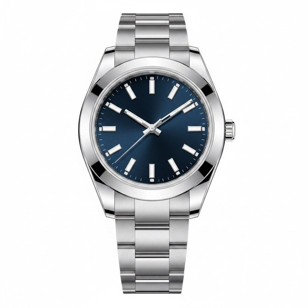 Sport-dress three-hand, steel, navy sunburst dial