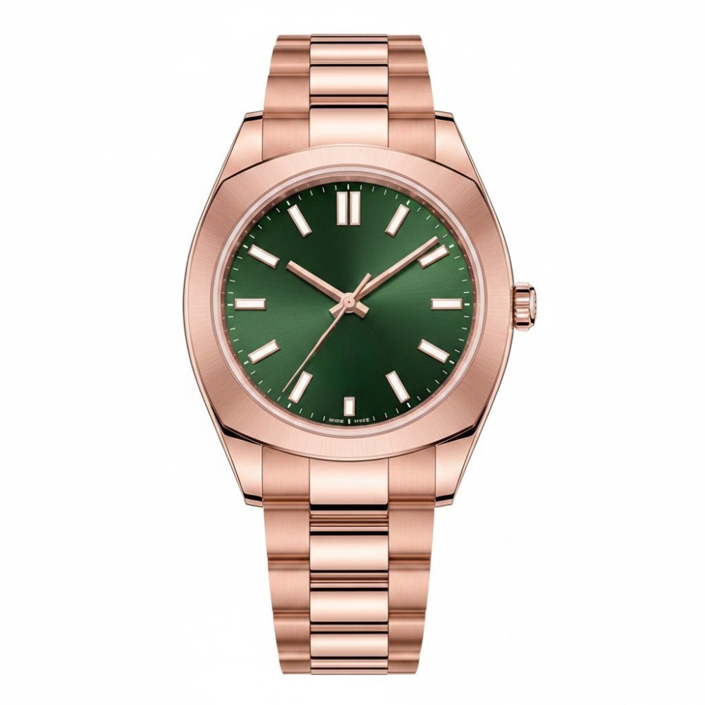Full rose gold, wide polished bezel, green sunburst dial