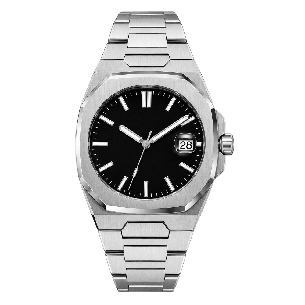 Rounded octagonal case with side ears, steel, black dial, integrated bracelet