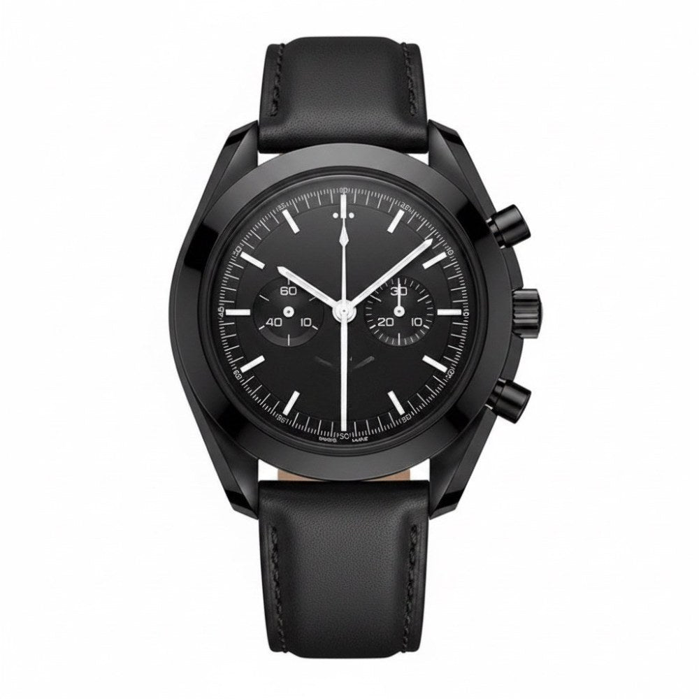 All-black chronograph, black leather strap