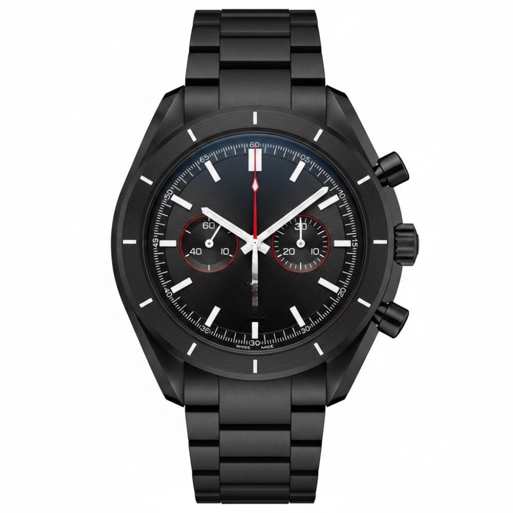 All-black chronograph with red accents