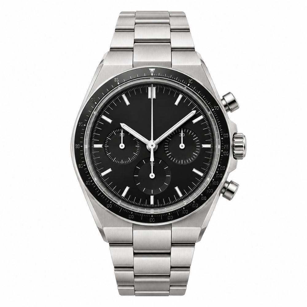 Chronograph, steel, black tachymeter bezel, black dial