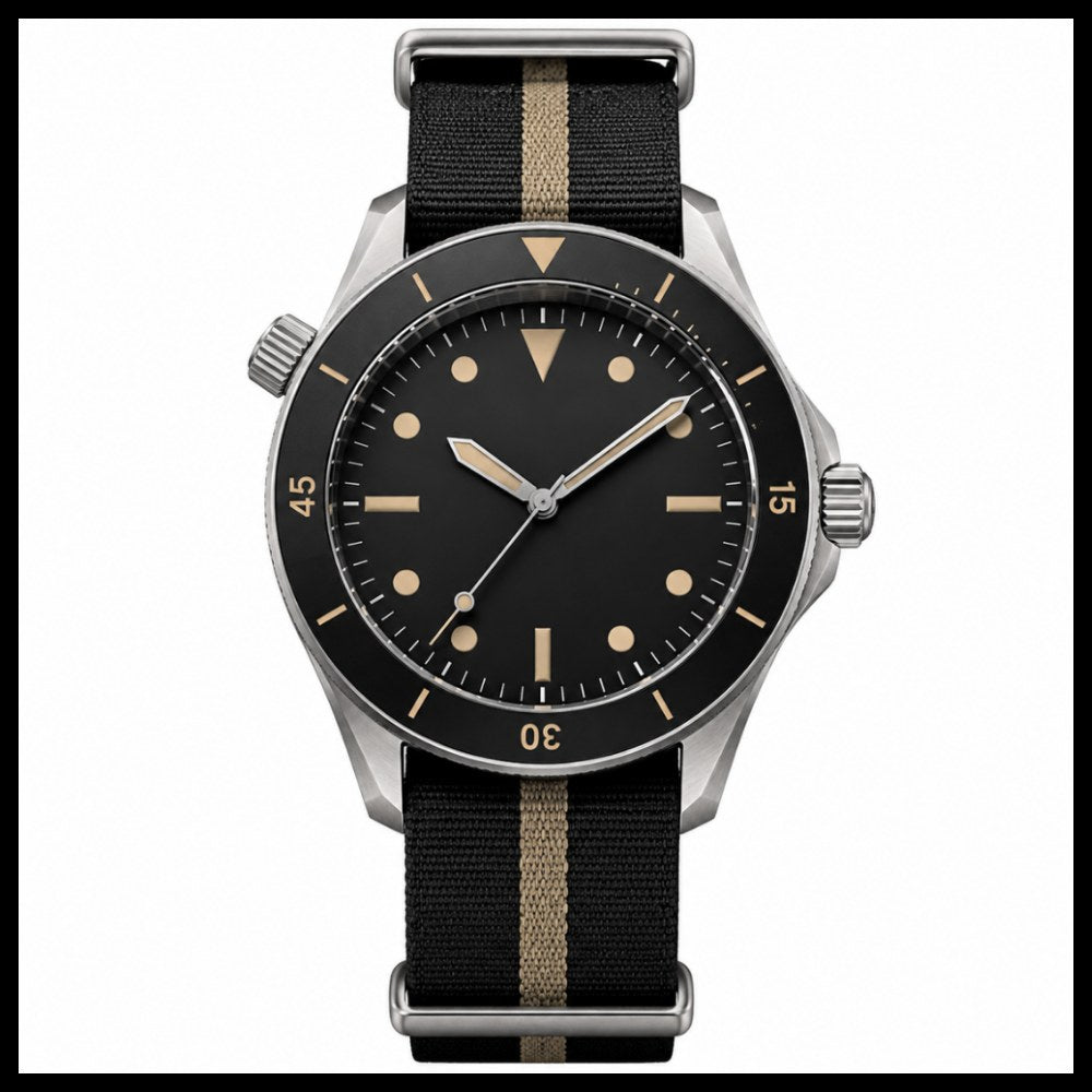 Vintage diver, black dial with cream markers, black NATO strap with beige stripe