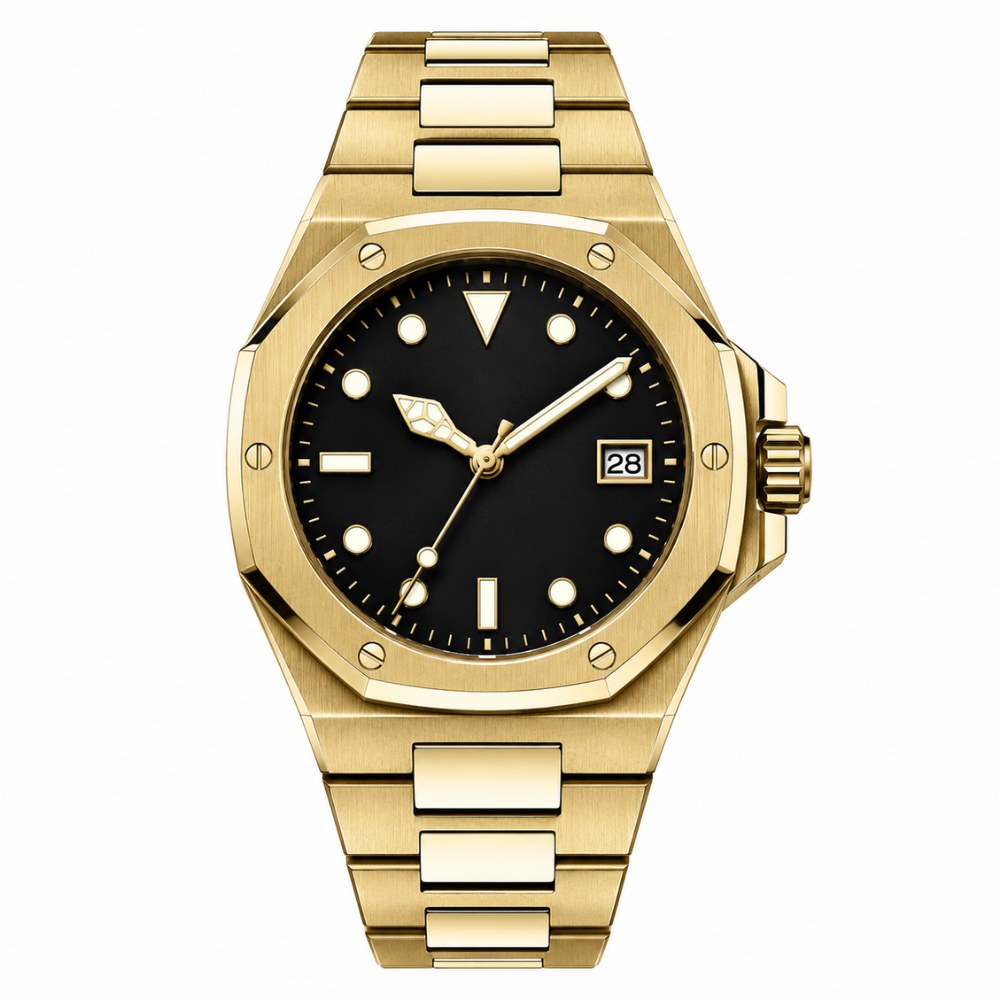 Octagonal with screws, full gold, black dial