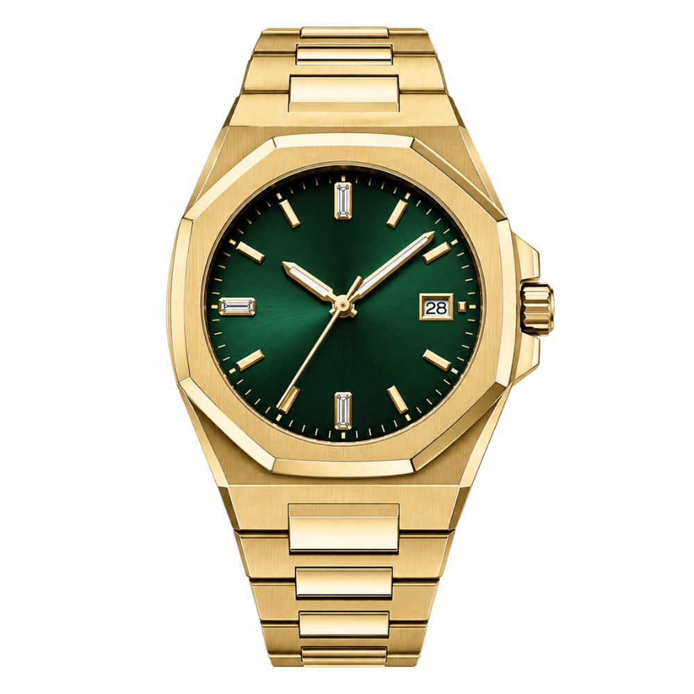 Faceted octagonal, full gold, emerald-green dial with baguette-style markers