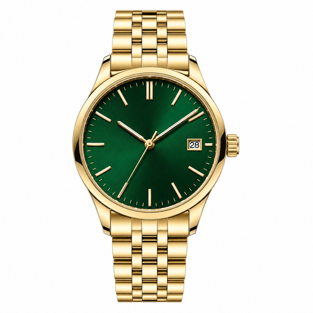 Round dress watch, full gold, green sunburst dial, 5-link bracelet