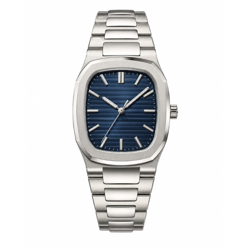 Rounded-square case, steel, navy dial with raised stripes