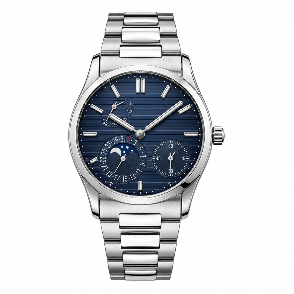 Moon phase and calendar, steel, striped blue dial