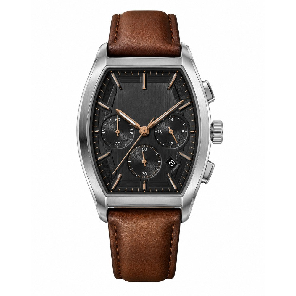 Tonneau case, black chronograph with rose-gold accents, brown leather strap