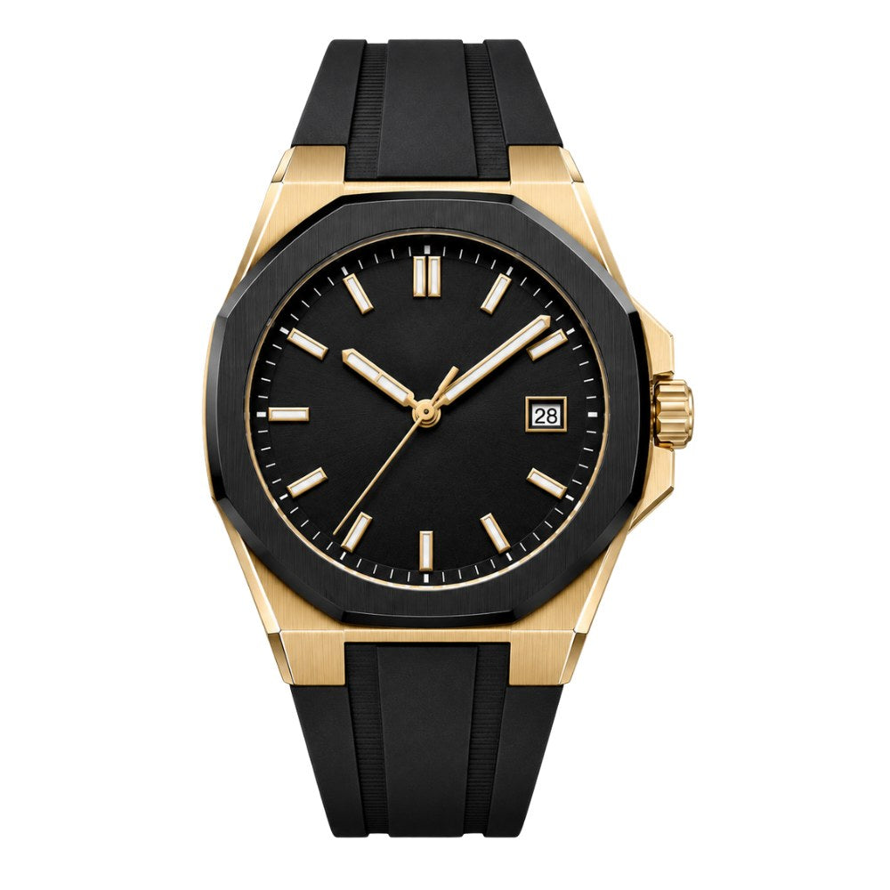 Gold case with black octagonal bezel, black dial, black rubber strap