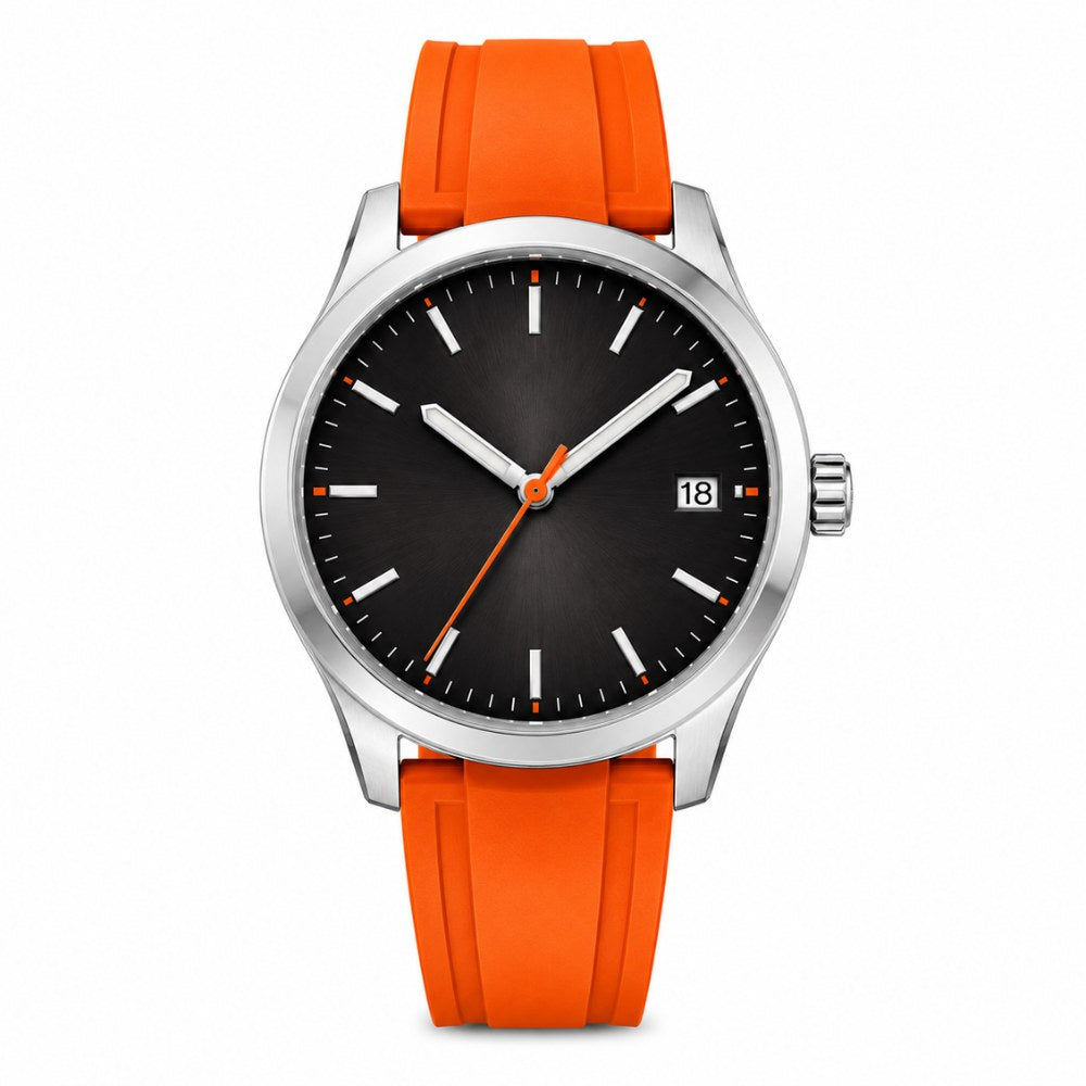 Steel, black gradient dial, orange seconds hand, orange rubber strap