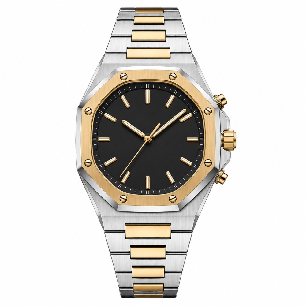 Two-tone, gold octagonal bezel with screws, black dial