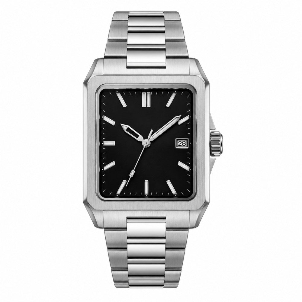 Sporty rectangular, steel, black dial