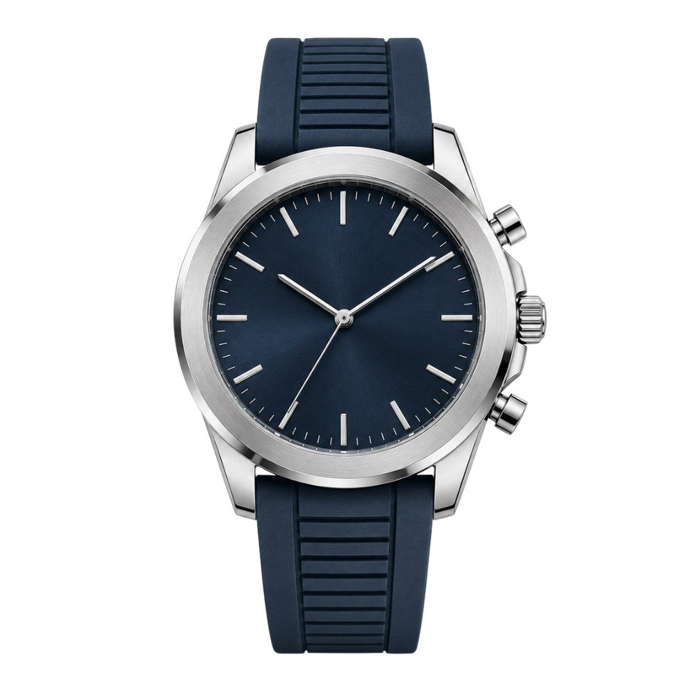 Round, steel, navy sunburst dial, navy rubber strap