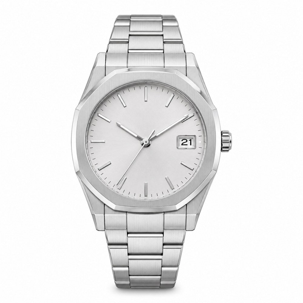 Faceted case, steel, silver-white dial, integrated bracelet