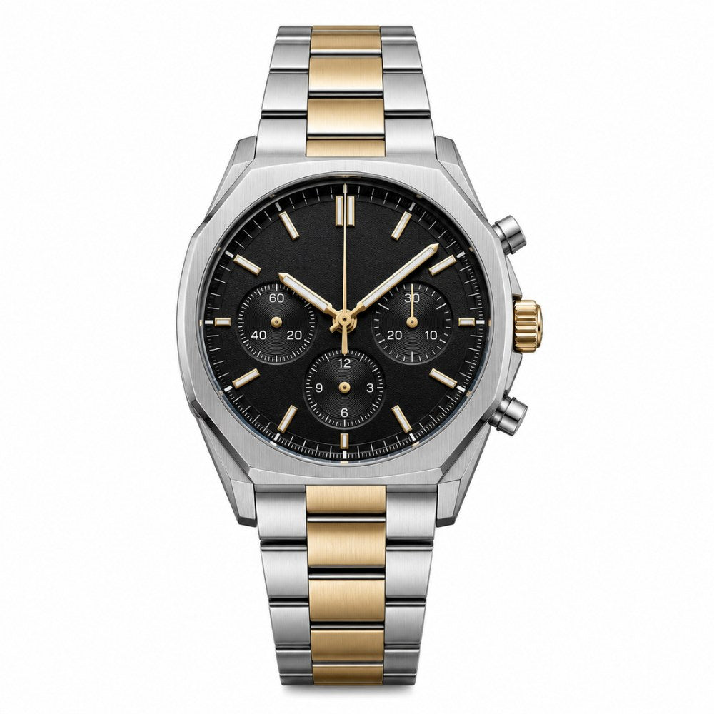 Two-tone steel and gold chronograph, black dial