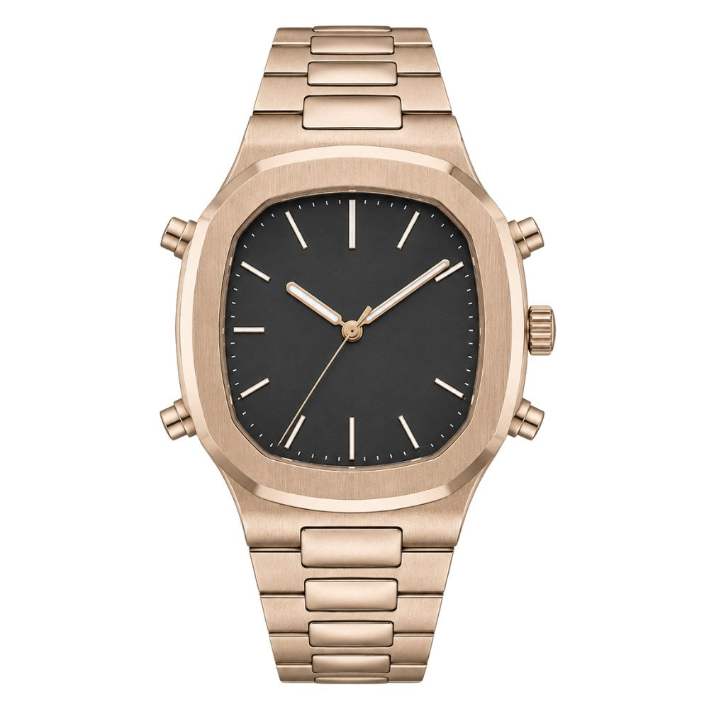 Rounded square with pushers on both sides, full rose gold, black dial