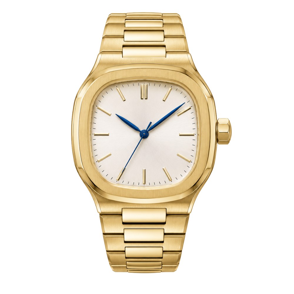 Rounded square, full gold, white dial with blue hands