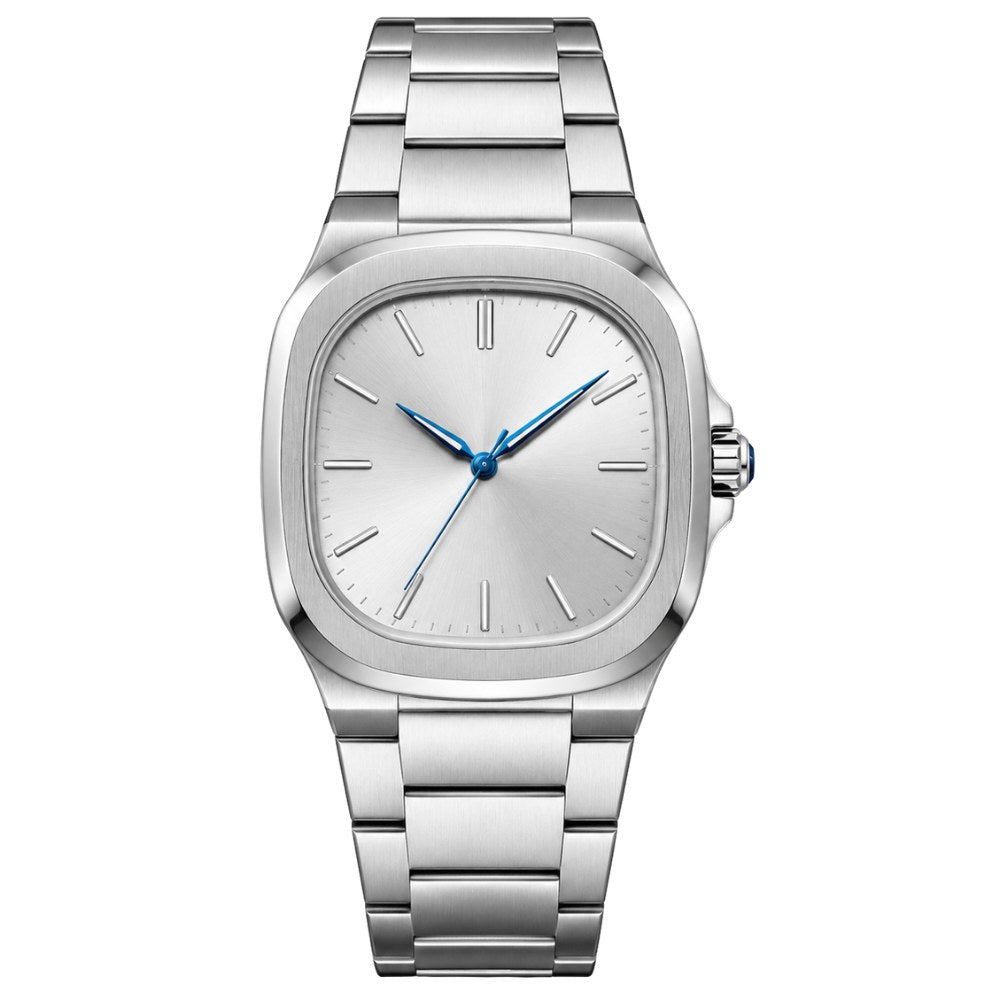 Rounded square, steel, silver dial with blue hands and blue-accent crown
