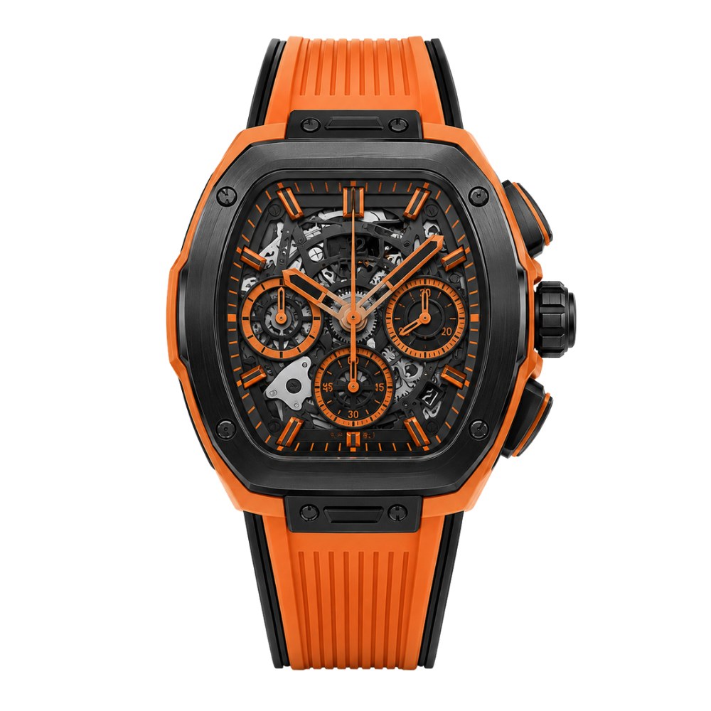 Sporty black and orange tonneau, skeleton dial, orange rubber strap