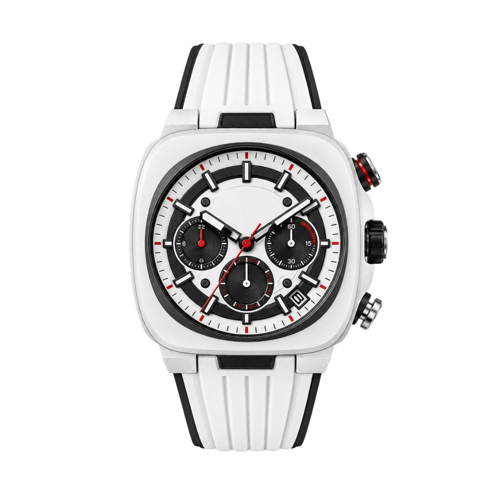 Square sporty case in white ceramic look, panda chronograph with red accents