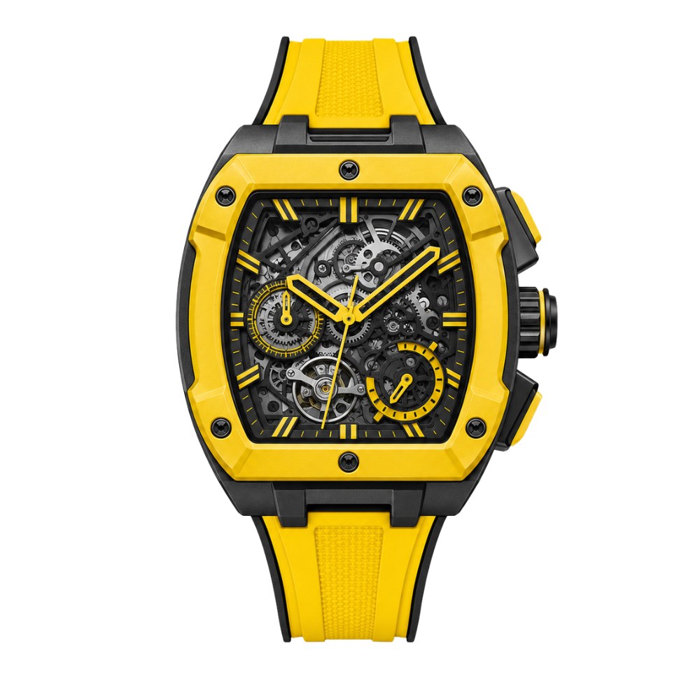 Sporty black and yellow tonneau, skeleton dial, yellow rubber strap