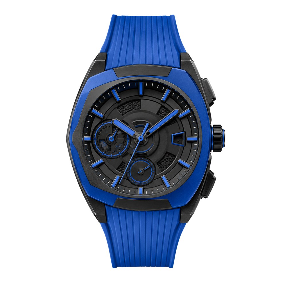 Angular blue and black sport case, skeleton dial with blue accents, blue rubber strap