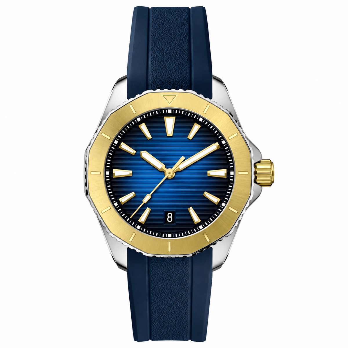 Octagonal, steel with bronze-olive bezel, ivory dial, white rubber strap · SF-57