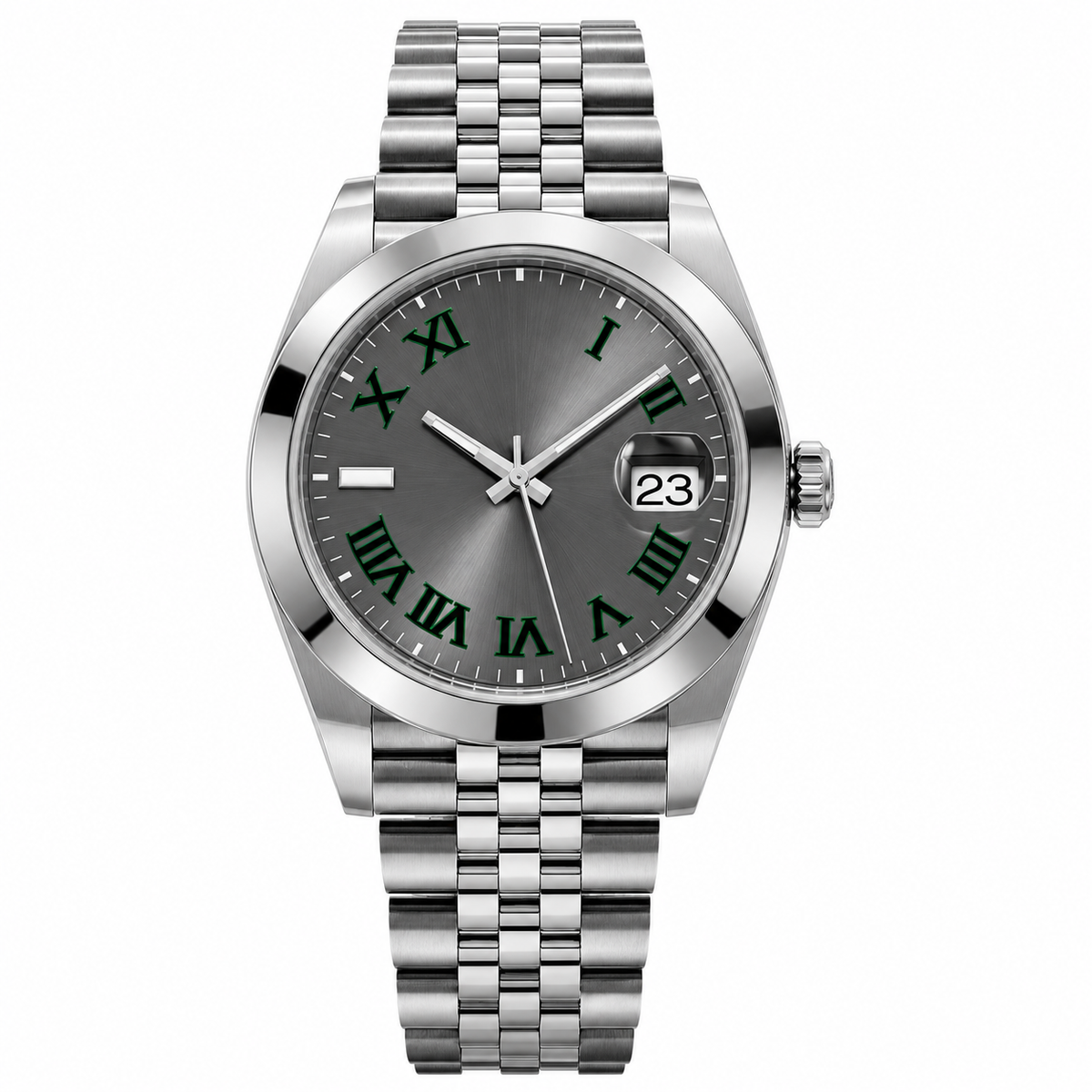 Square case with fluted sides, steel, graphite dial, 5-link bracelet · SF-43
