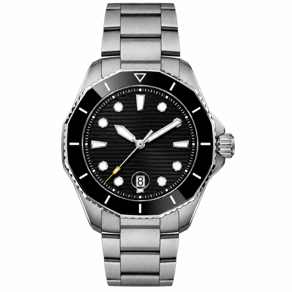 Pentagonal case, steel, silver sunburst dial · SF-56