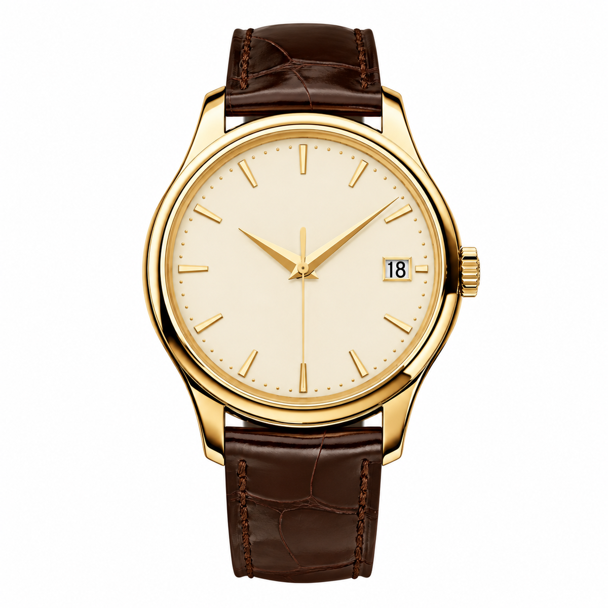 Rectangular gold case, cream champagne dial, croco-textured brown leather strap · SF-42