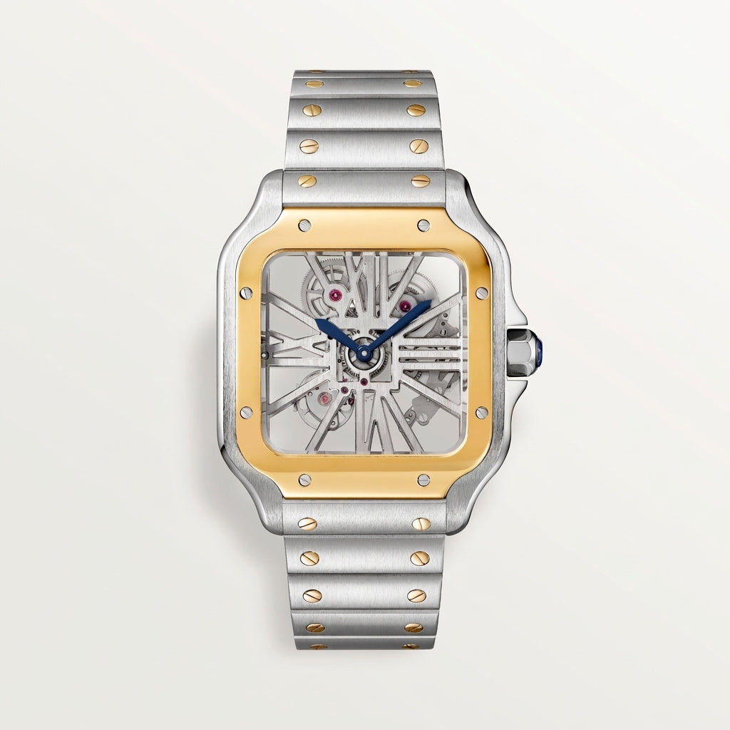 Square Skeleton Manual Large - Steel and Gold Bezel, Skeleton Dial, Steel Bracelet SF-B2-136