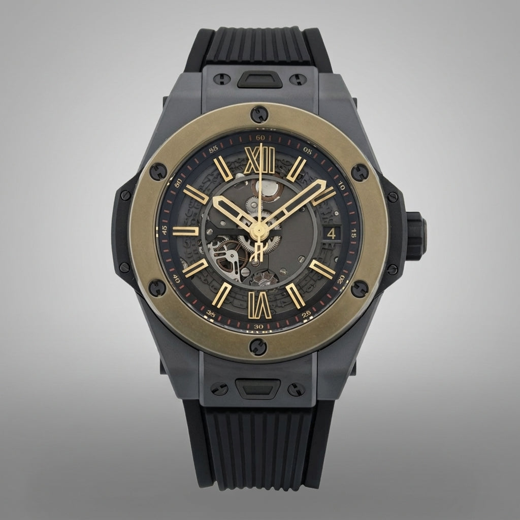 Skeleton Chronograph Automatic 45 mm - Black Ceramic and Gold, Rubber Strap SF-B2-69