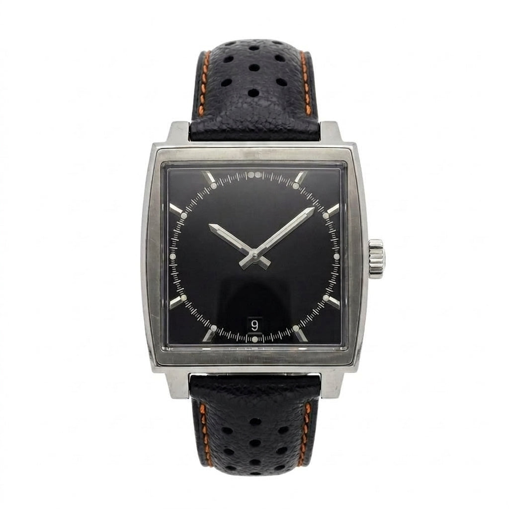Square Automatic 38 mm - Steel, Black Dial, Perforated Leather Strap SF-B2-94