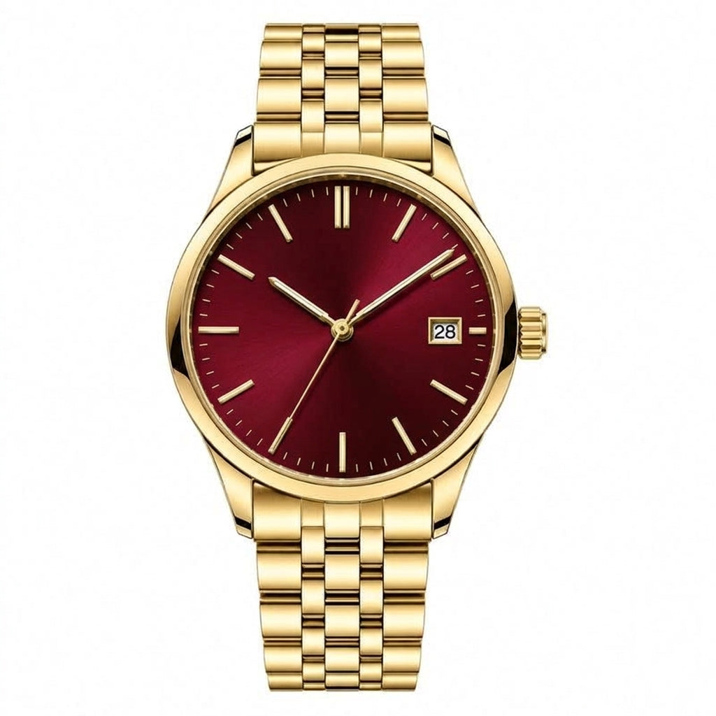 Rounded square with pushers on both sides, full gold, wine gradient dial · SF-36