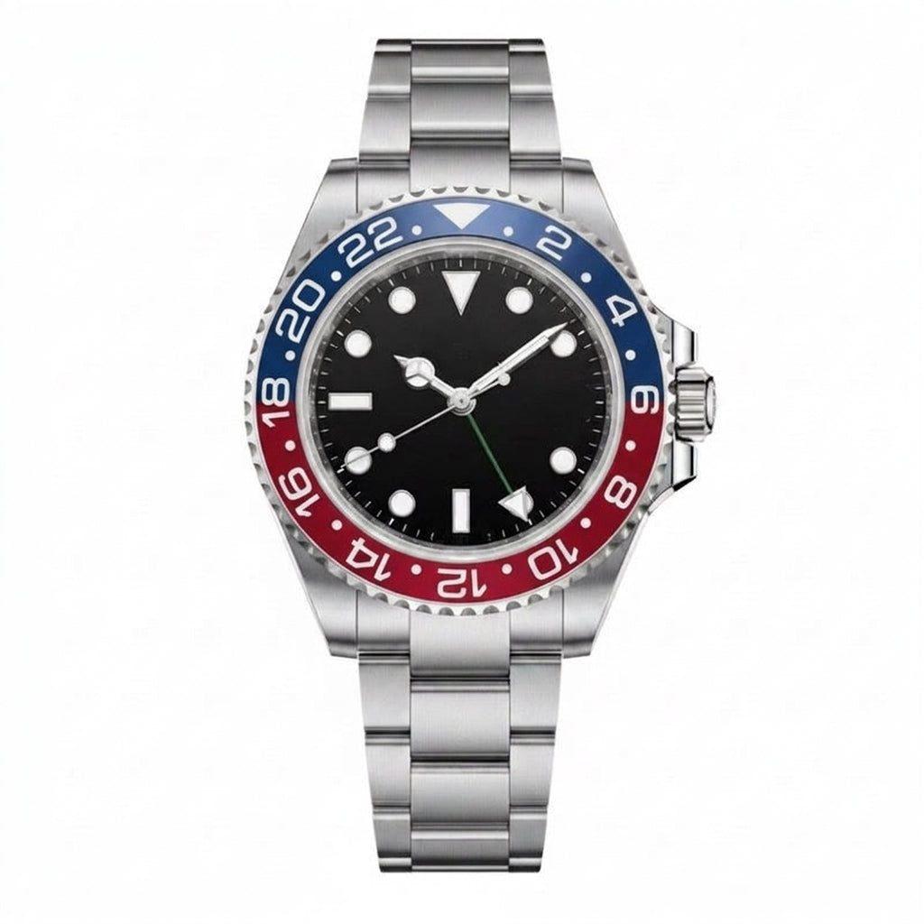 GMT, steel, black 24-hour bezel, triangle-tipped GMT hand · SF-35