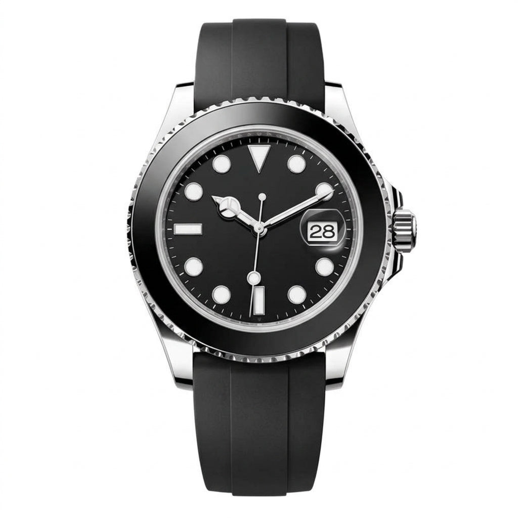 Octagonal case with 8-screw bezel, steel, black dial, black rubber strap · SF-23