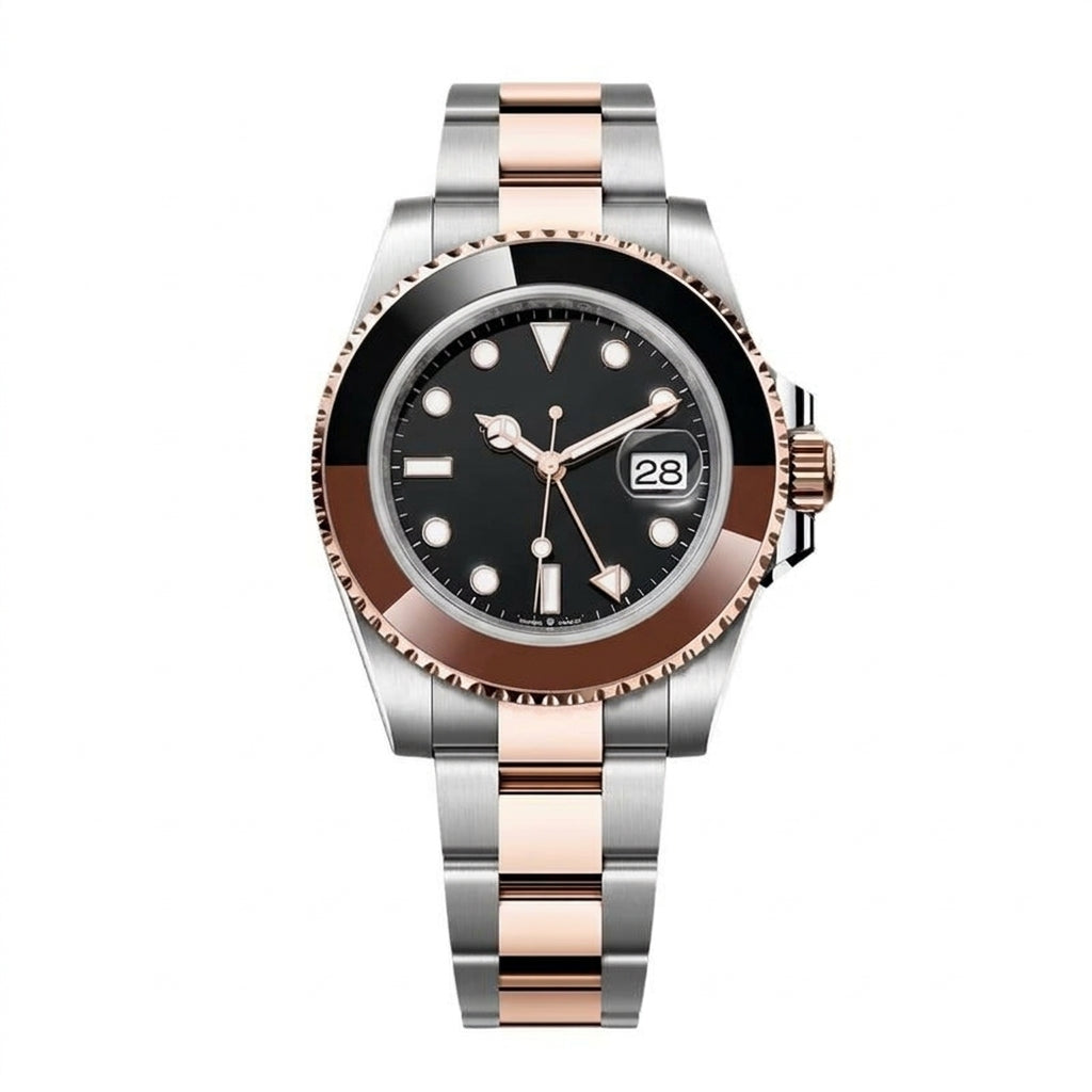 Rose-gold cushion case, black dial, steel and rose-gold bracelet · SF-12